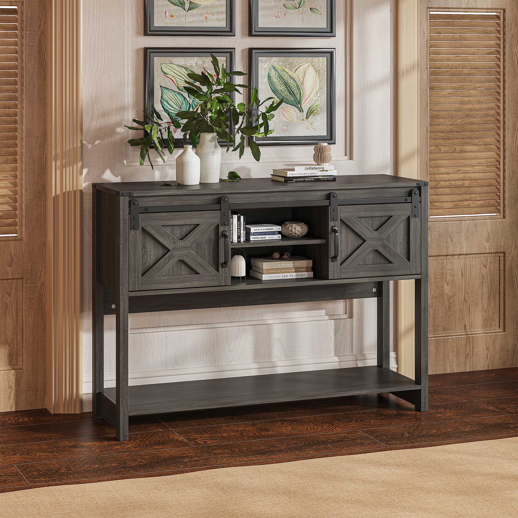 Farmhouse Entryway Table With Drawers, 46" Console Table With Sliding Barn Door, Wood Rustic Sofa Table With Adjustable Shelf For Living Room, Foyer, Hallway, Dark Gray_voghion.com
